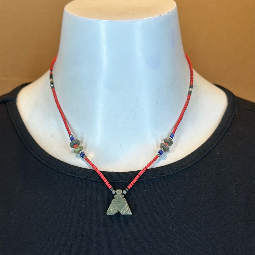 Vintage Coral and Jade Bead Heishi Style Boho Necklace - Lightweight & Eclectic
